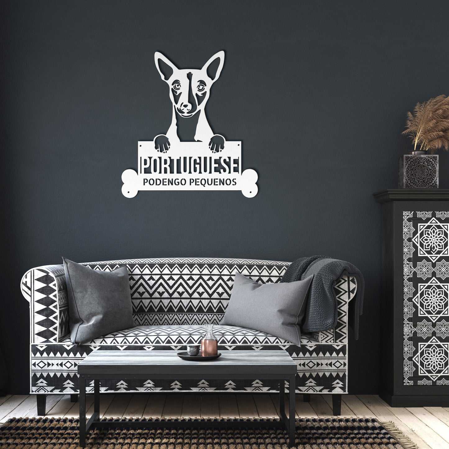 Silhouette of a Portuguese Podengo Pequeno dog with its paws on a "Portuguese Podengo Pequeno Dog Metal Sign**, Custom Steel Wall Art, Personalized Pet Name for Home Decor, Unique Animal Lovers Gift.