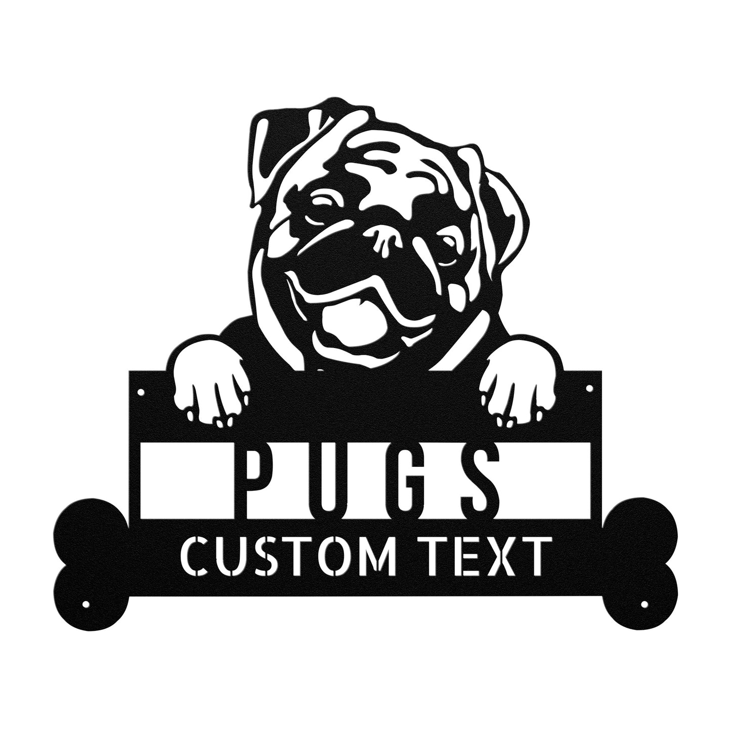 Silhouette of a pug holding a sign that reads "PUGS" with space below for custom text, perfect for Pug Enthusiasts. The design is black and white.

Replace with:

Silhouette of a pug holding a sign that reads "PUGS" with space below for custom text, perfect for Pug Enthusiasts. The design is black and white.
