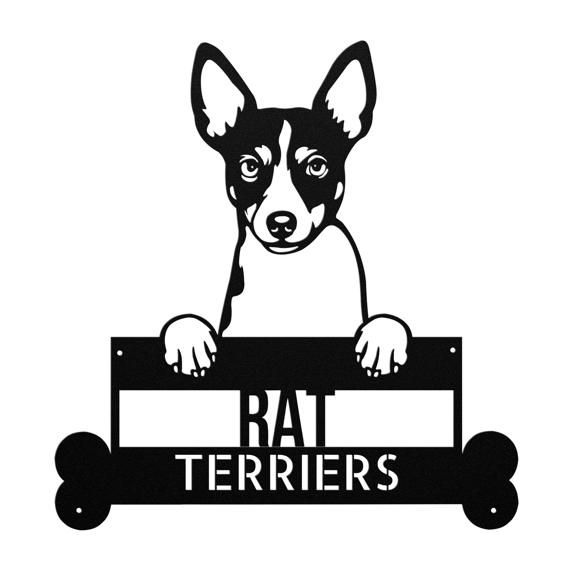 Black and white illustration of a dog holding a sign with its paws. The sign reads "Pumik Dog Metal Sign, Custom Steel Name Wall Art, Personalized Pet Decor for Home, Unique Animal Lovers Gift," with bone shapes at the bottom corners, perfect for personalized home décor or as unique Rat Terrier metal art.