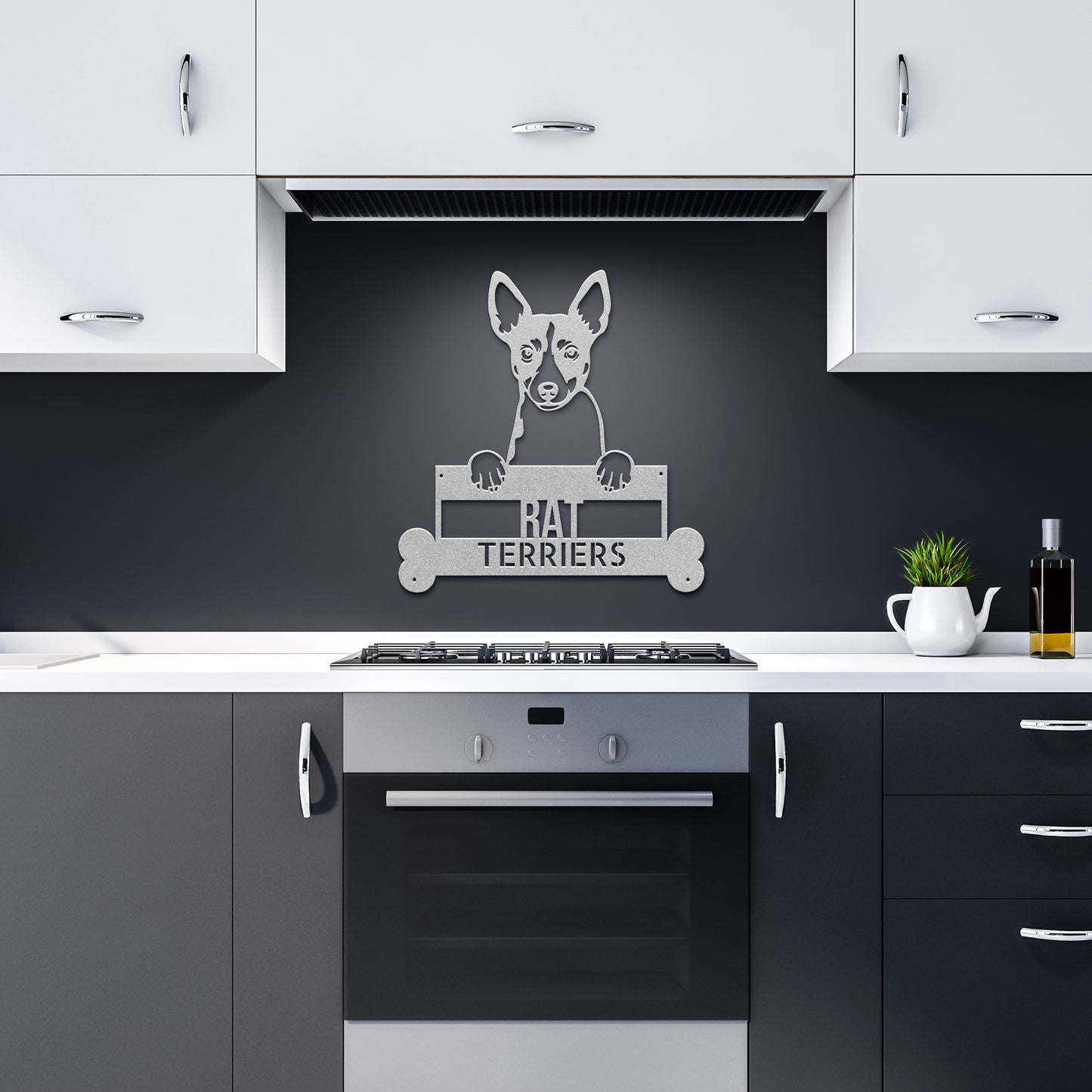 Black and white illustration of a dog holding a sign with its paws. The sign reads "Pumik Dog Metal Sign, Custom Steel Name Wall Art, Personalized Pet Decor for Home, Unique Animal Lovers Gift," with bone shapes at the bottom corners, perfect for personalized home décor or as unique Rat Terrier metal art.