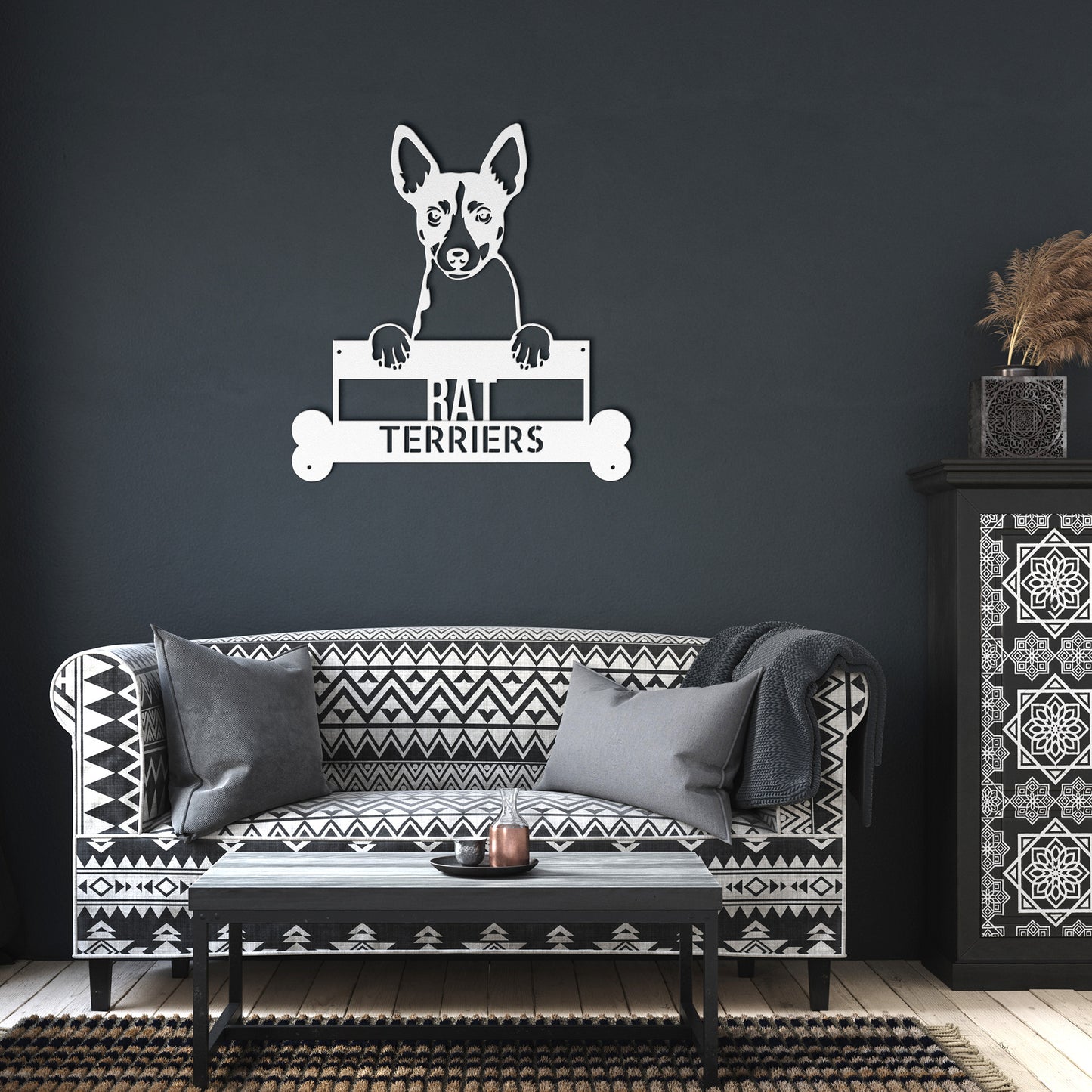 Black and white illustration of a dog holding a sign with its paws. The sign reads "Pumik Dog Metal Sign, Custom Steel Name Wall Art, Personalized Pet Decor for Home, Unique Animal Lovers Gift," with bone shapes at the bottom corners, perfect for personalized home décor or as unique Rat Terrier metal art.