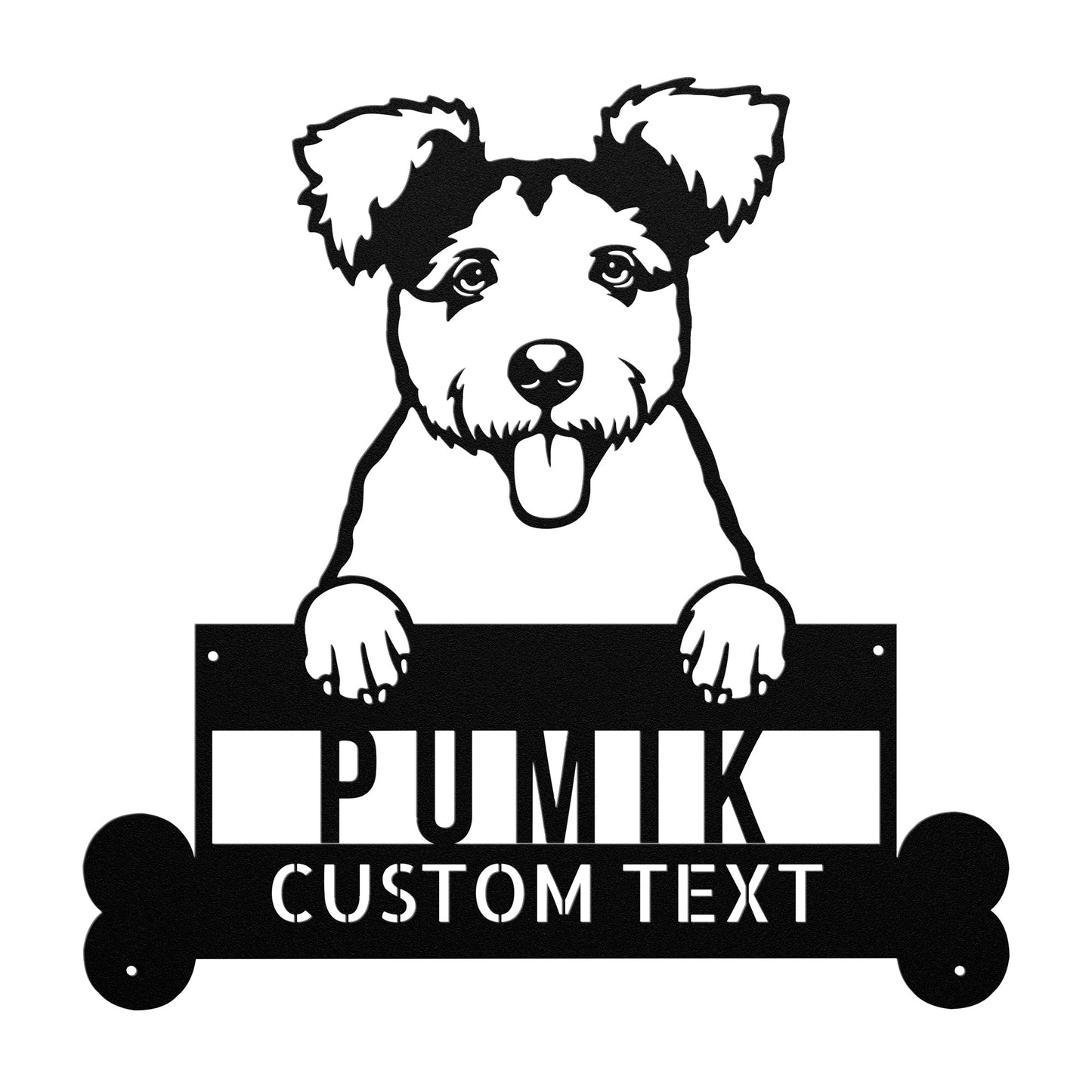 Illustration of a Pumi dog holding a sign that reads "Pumik" with space for custom text below, perfect for creating **Pumik Dog Personalized Metal Sign**, Durable Steel Wall Art, Stylish Pumik Decor, Great Gift for Pet Enthusiasts.