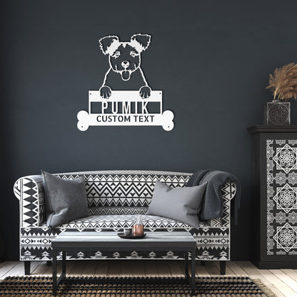 Illustration of a Pumi dog holding a sign that reads "Pumik" with space for custom text below, perfect for creating **Pumik Dog Personalized Metal Sign**, Durable Steel Wall Art, Stylish Pumik Decor, Great Gift for Pet Enthusiasts.