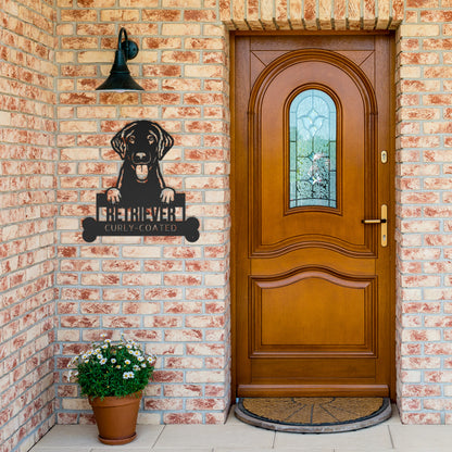 Silhouette of a curly-coated retriever, with a sign below it that reads "Retriever Curly-Coated Metal Sign for Home, Custom Steel Dog Art, Distinct Pet Lover Gift, Unique Wall Décor" against a white background. The dog, adorned with curly ears and sticking its tongue out, is featured on this charming piece of pet wall art. A perfect personalized metal sign for dog lovers.