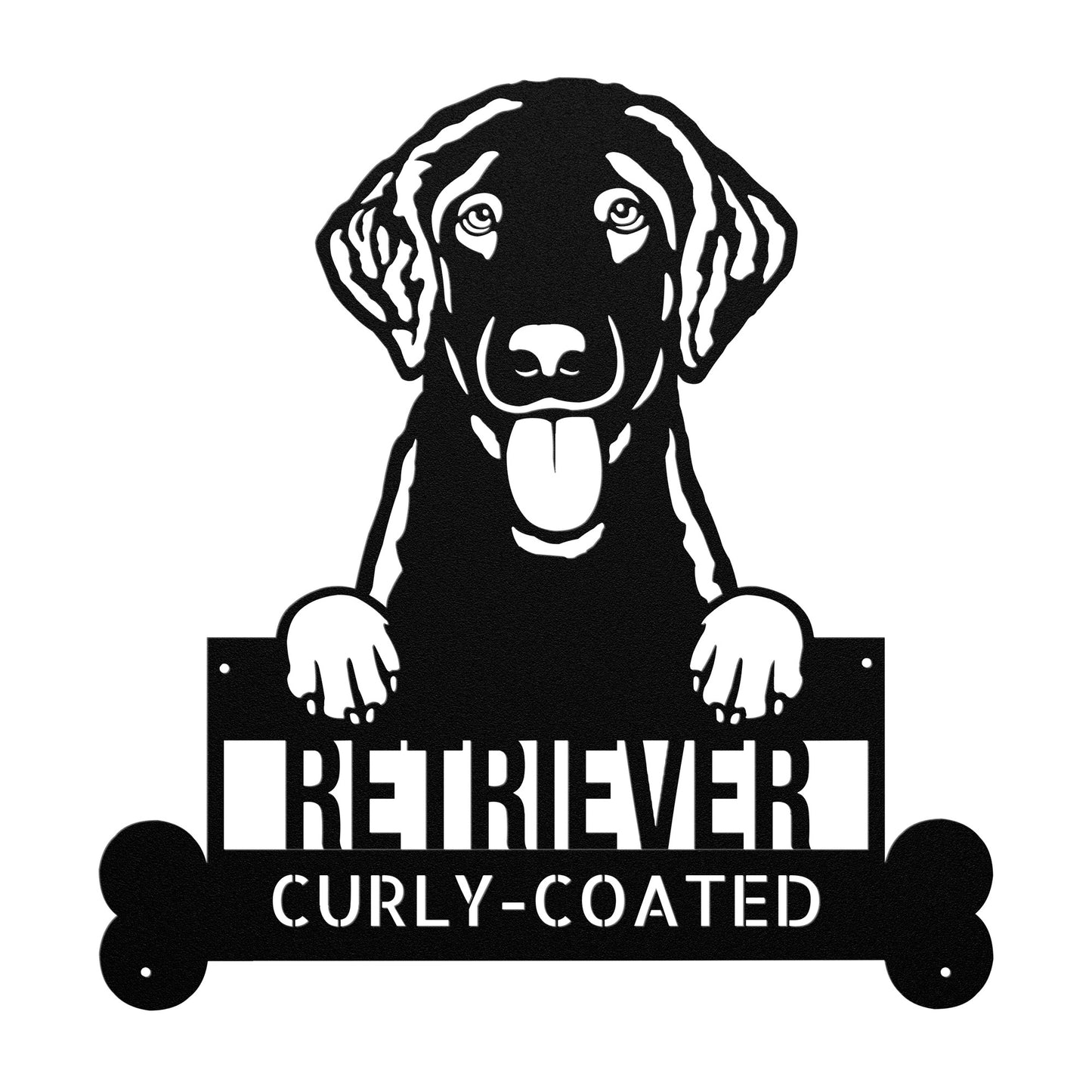 Silhouette of a curly-coated retriever, with a sign below it that reads "Retriever Curly-Coated Metal Sign for Home, Custom Steel Dog Art, Distinct Pet Lover Gift, Unique Wall Décor" against a white background. The dog, adorned with curly ears and sticking its tongue out, is featured on this charming piece of pet wall art. A perfect personalized metal sign for dog lovers.