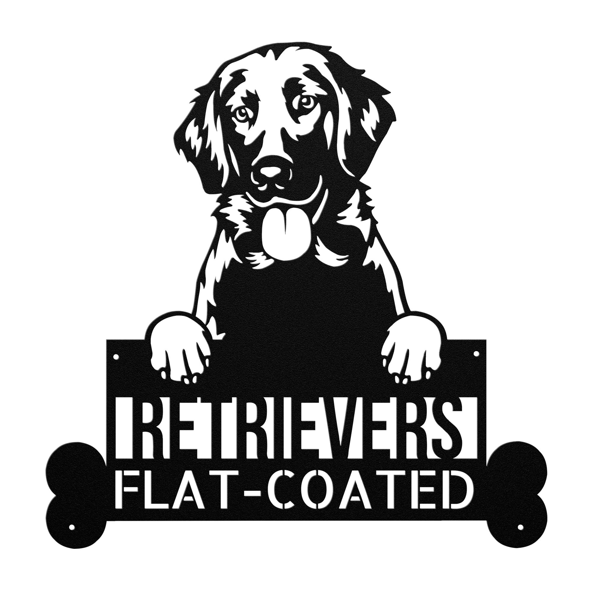 Black and white illustration of a Flat-Coated Retriever holding a sign that reads "Retrievers Flat-Coated". Perfect for Pet Wall Art, this design can also be customized as a Retrievers Flat-Coated Dog Metal Sign - Custom Steel Sign Wall Art - Perfect Home Decor - Animal Lovers Gift.