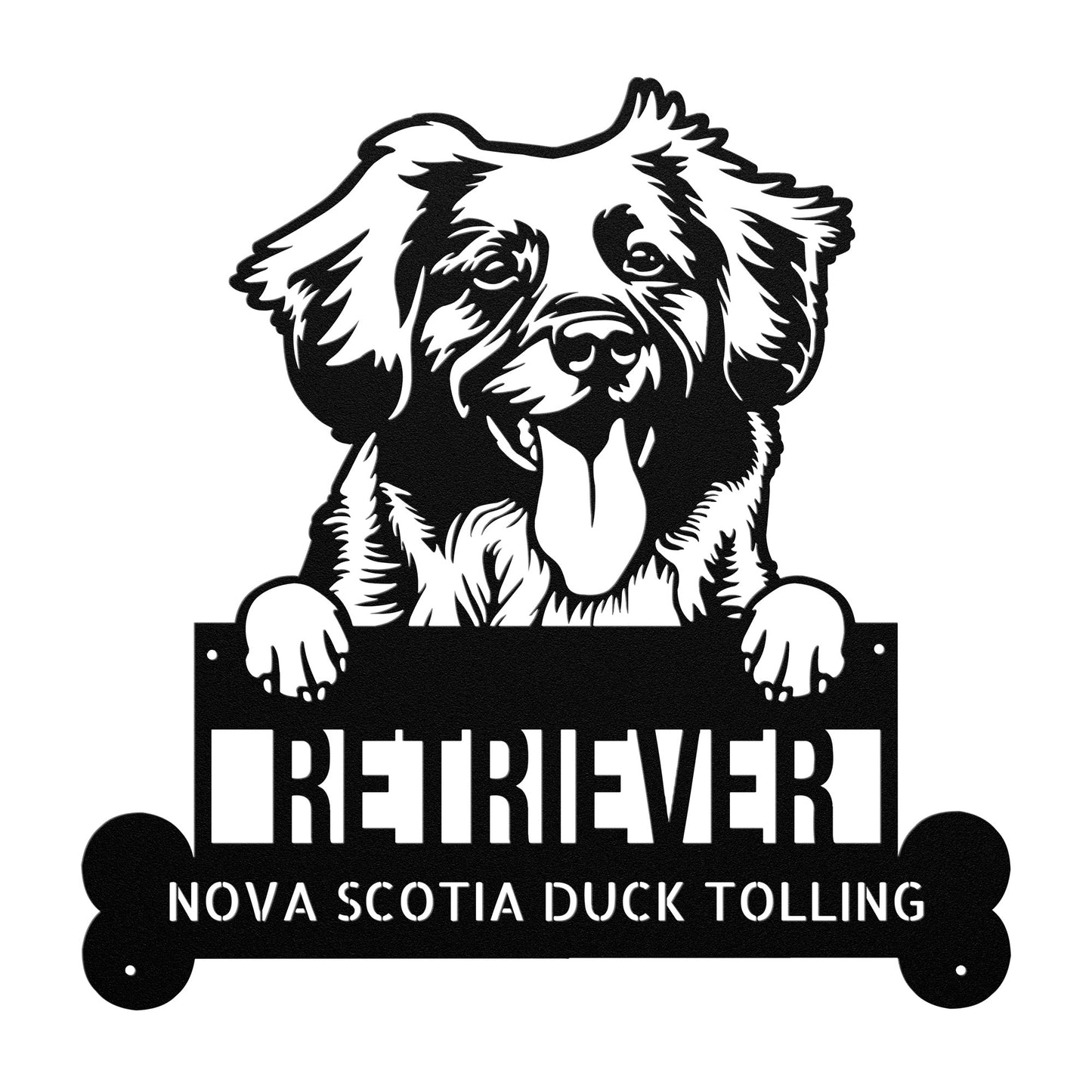 A black and white illustration of a Newfoundland dog holding a personalized metal sign in its mouth that reads "Retrievers Nova Scotia Duck Tolling Dog Metal Sign, Custom Steel Sign Home Decor, Perfect Animal Lover Gift.