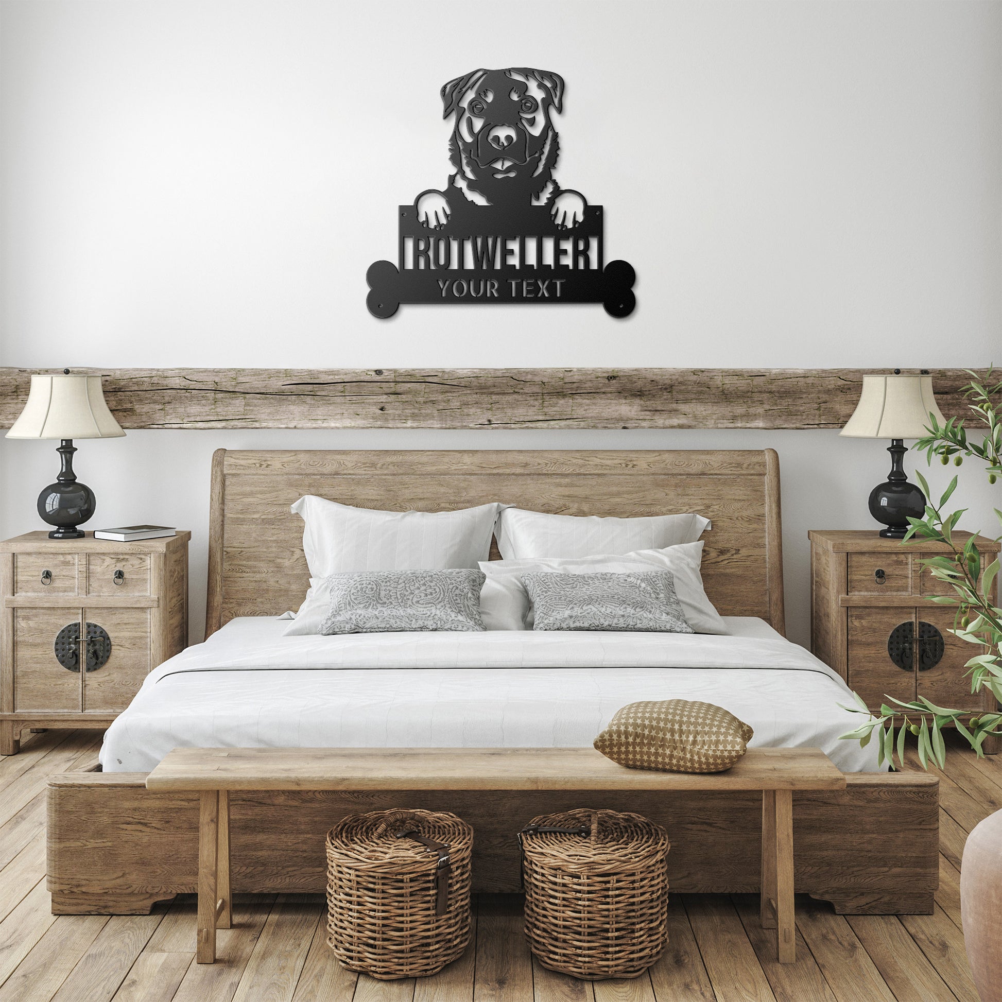 Black and white illustration of a Rottweiler holding a customizable Rhodesian Ridgeback Dog Metal Sign, Custom Steel Wall Art, Personalized Home Decor, Unique Dog Lovers Gift that reads "ROTTWEILER YOUR TEXT." This piece of Pet Wall Art adds charm to any space.