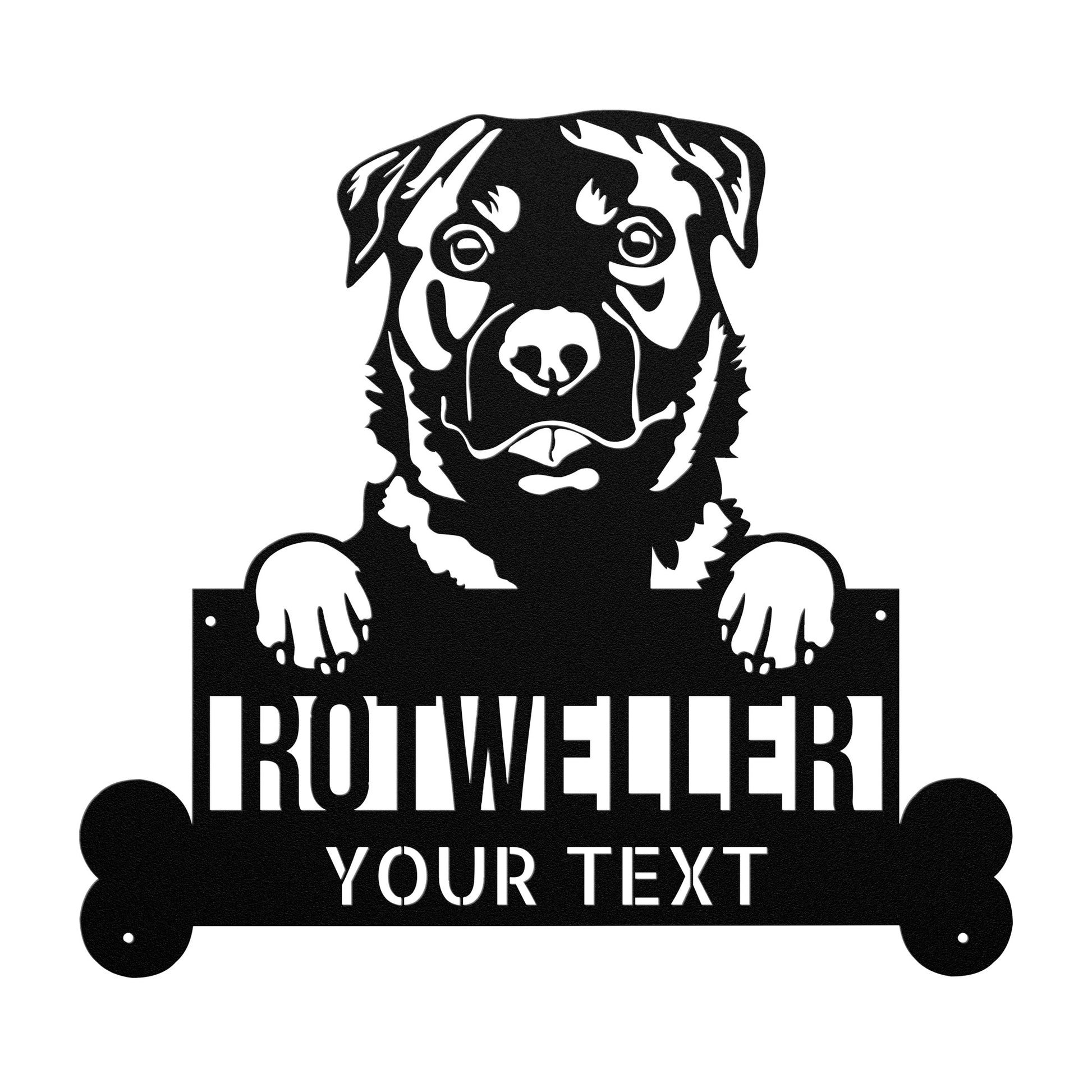 Black and white illustration of a Rottweiler holding a customizable Rhodesian Ridgeback Dog Metal Sign, Custom Steel Wall Art, Personalized Home Decor, Unique Dog Lovers Gift that reads "ROTTWEILER YOUR TEXT." This piece of Pet Wall Art adds charm to any space.