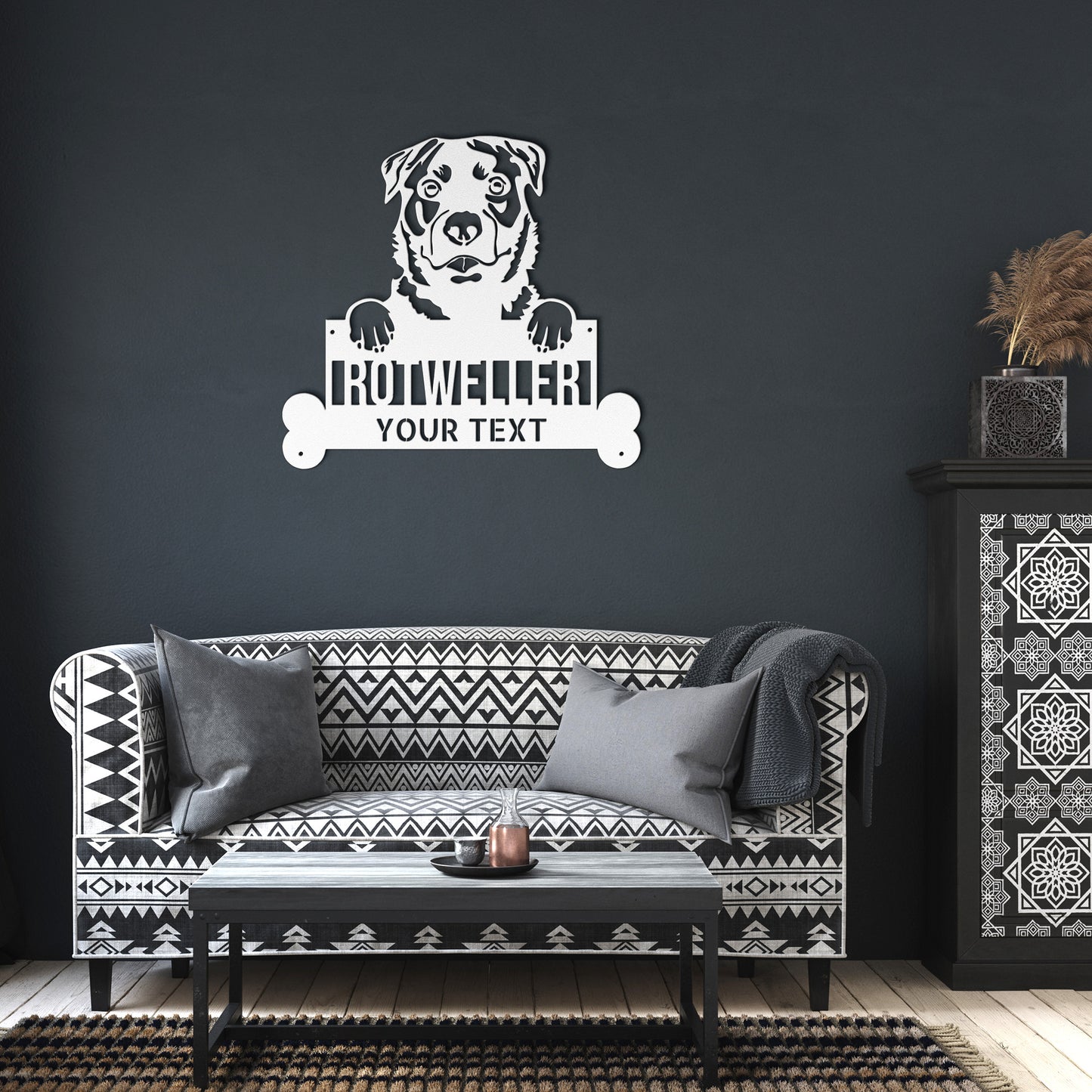 Black and white illustration of a Rottweiler holding a customizable Rhodesian Ridgeback Dog Metal Sign, Custom Steel Wall Art, Personalized Home Decor, Unique Dog Lovers Gift that reads "ROTTWEILER YOUR TEXT." This piece of Pet Wall Art adds charm to any space.