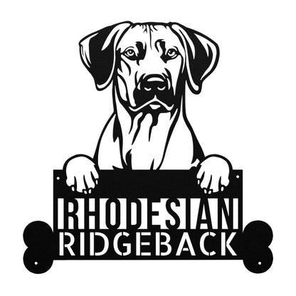 Silhouette of a Rhodesian Ridgeback dog holding a sign with the text "Rhodesian Ridgeback" and two bone shapes on both ends, perfect for a Rhodesian Ridgeback Dog Sign - Custom Metal Artwork for Animal Lover's Home, Perfect Gift.