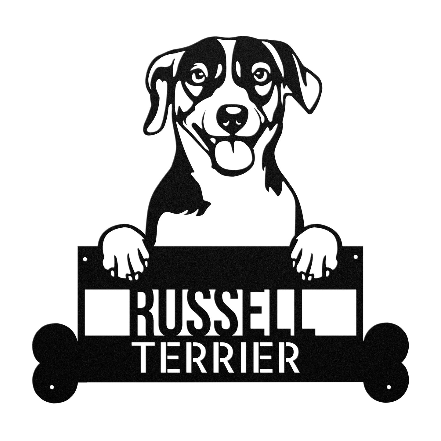 Black and white illustration of a Russell Terrier dog with its front paws resting on a nameplate that reads "Russell Terrier." Perfect as Russell Terrier Dog Metal Sign, Personalized Steel Wall Art, Perfect for Home Décor, Unique Gift for Dog Lovers, this personalized metal sign makes for charming pet wall art.