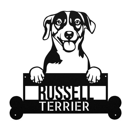 Black and white illustration of a Russell Terrier dog with its front paws resting on a nameplate that reads "Russell Terrier." Perfect as Russell Terrier Dog Metal Sign, Personalized Steel Wall Art, Perfect for Home Décor, Unique Gift for Dog Lovers, this personalized metal sign makes for charming pet wall art.