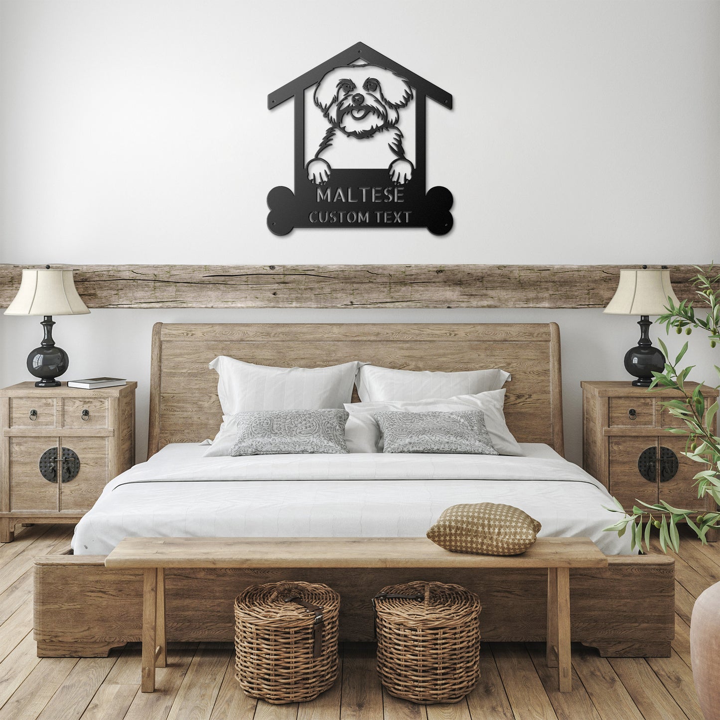 A wooden door with a Unique Custom Maltese Dog Sign | Personalized Steel Monogram Wall Art on it.