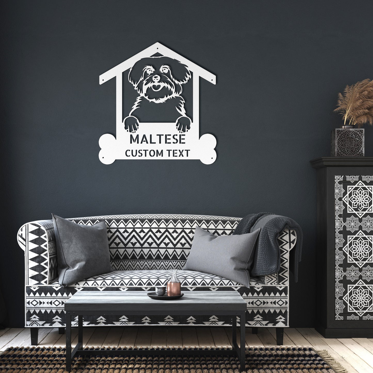 A wooden door with a Unique Custom Maltese Dog Sign | Personalized Steel Monogram Wall Art on it.