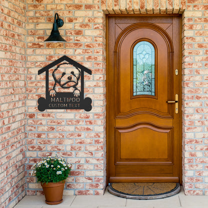 A wooden door with a Unique Custom Maltipoo Dog Sign | Personalized Steel Monogram Wall Art on it.