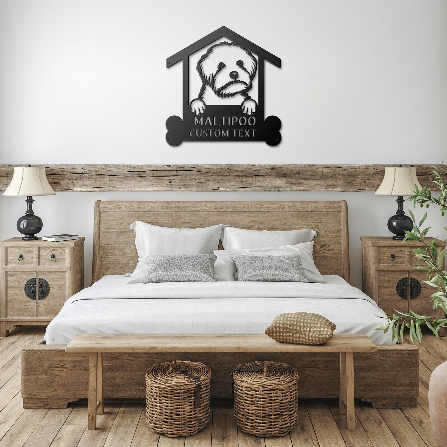 A wooden door with a Unique Custom Maltipoo Dog Sign | Personalized Steel Monogram Wall Art on it.