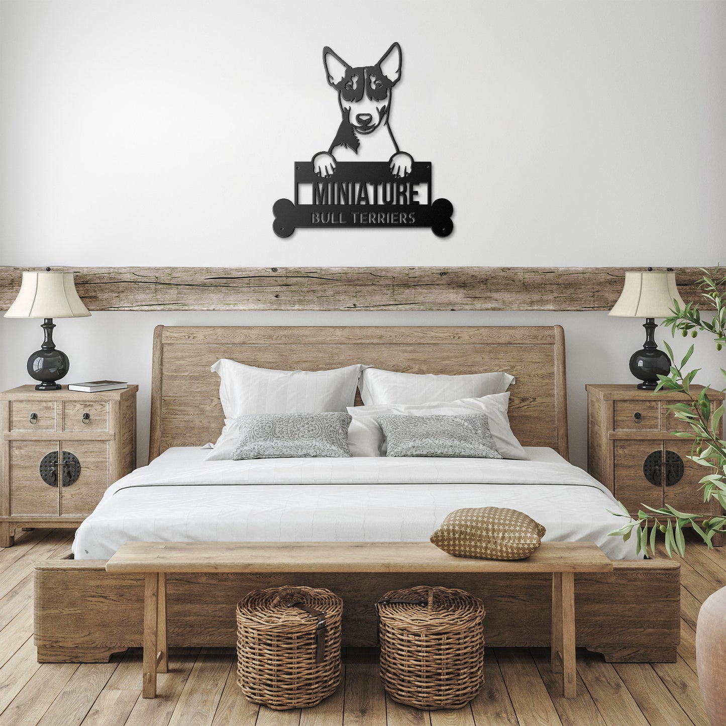 A wooden door with a Unique Custom Miniature Bull Terriers Dog Sign | Personalized Steel Monogram Wall Art on it.