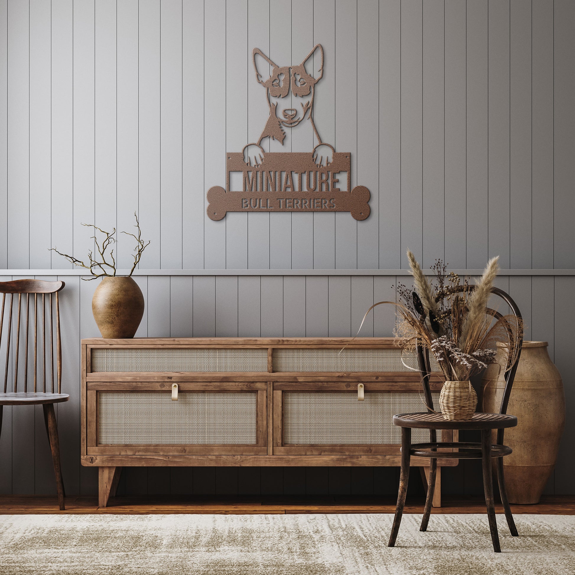 A wooden door with a Unique Custom Miniature Bull Terriers Dog Sign | Personalized Steel Monogram Wall Art on it.