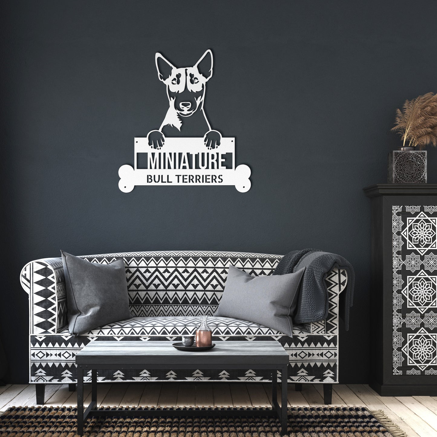 A wooden door with a Unique Custom Miniature Bull Terriers Dog Sign | Personalized Steel Monogram Wall Art on it.