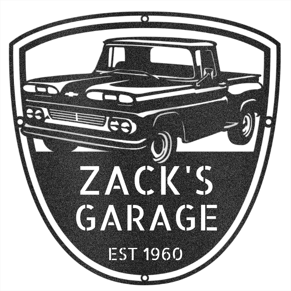 Two people hold a personalized 1960 Chevy C10 Metal Garage Sign with "GEORGE'S GARAGE EST 1967" in a field at sunset, hay bales and vintage truck decor in the background—a perfect gift for Dad or collectors.