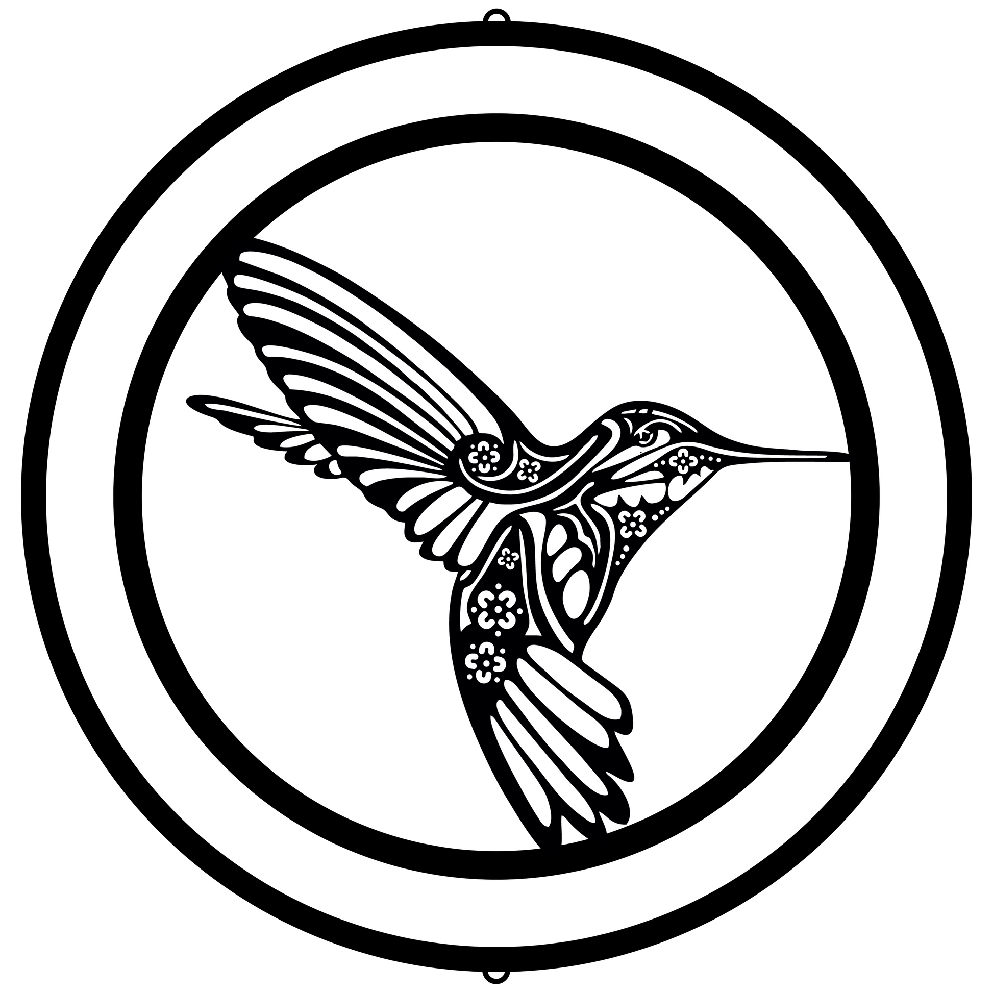 a black and white picture of a hummingbird in a circle