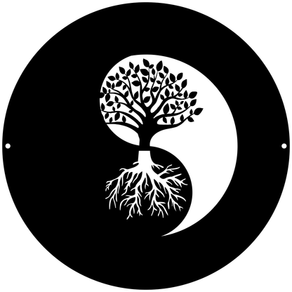 a black and white yin - yang symbol with a tree growing out of it