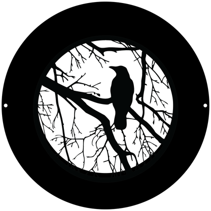 a black and white picture of a bird on a tree branch