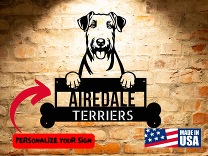 AIREDALE TERRIERS - Custom Dog Breed Metal Sign - Personalized Welcome Sign for Dog Lovers - Dog Address Sign - Dog Wall Art- Unique Gift for Dad logo.