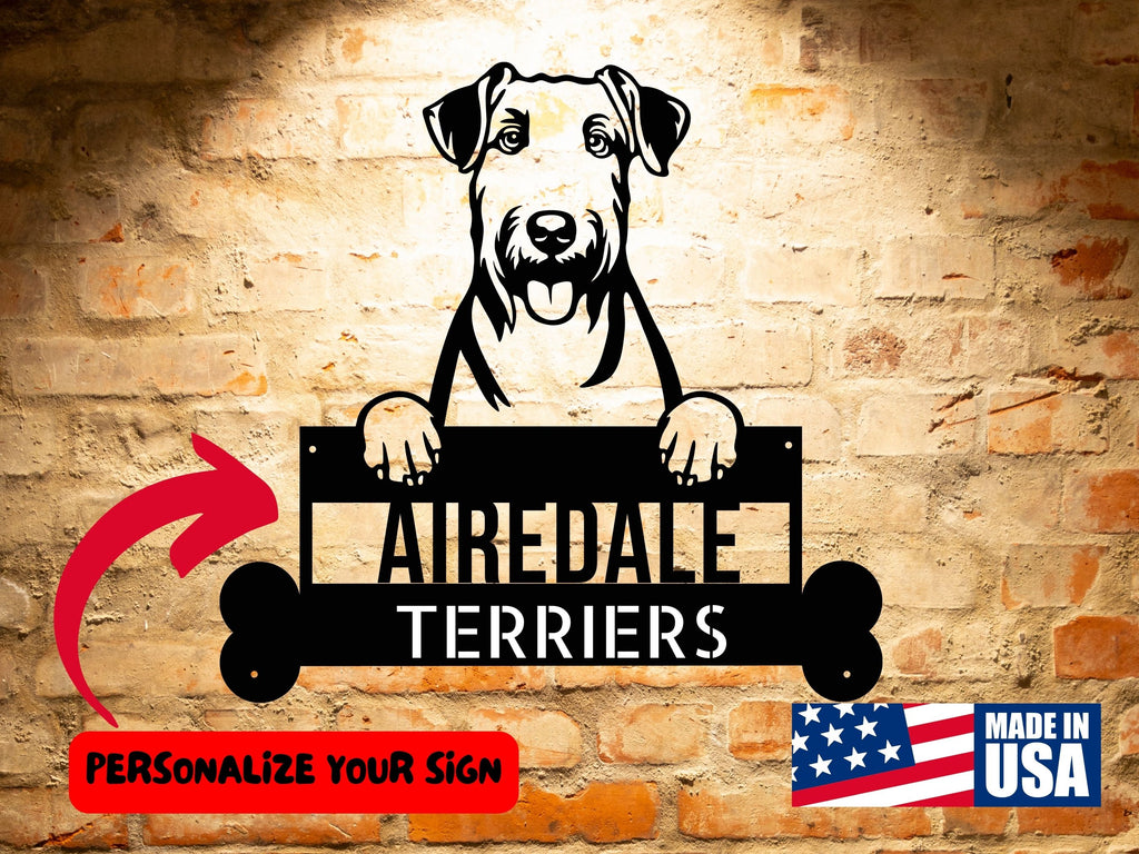 AIREDALE TERRIERS - Custom Dog Breed Metal Sign - Personalized Welcome Sign for Dog Lovers - Dog Address Sign - Dog Wall Art- Unique Gift for Dad logo.