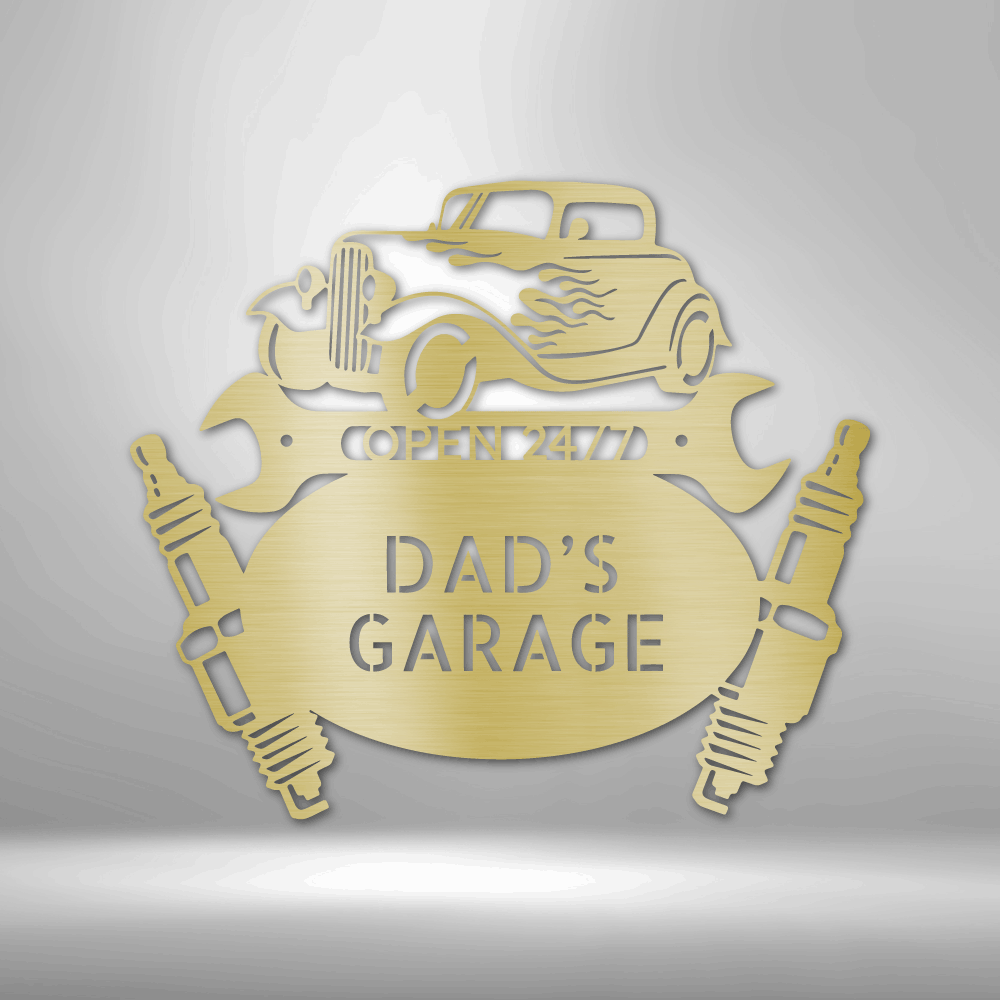 Custom Gold / 12 Dad’s Garage Metal Sign – Personalized Hot Rod Car Wall Art