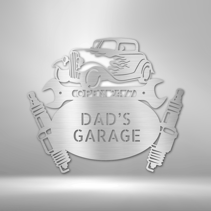 Custom Silver / 12 Dad’s Garage Metal Sign – Personalized Hot Rod Car Wall Art