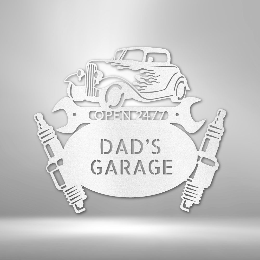 Custom White / 12 Dad’s Garage Metal Sign – Personalized Hot Rod Car Wall Art