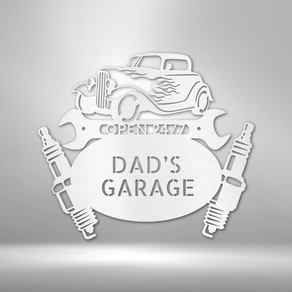 Custom White / 12 Dad’s Garage Metal Sign – Personalized Hot Rod Car Wall Art