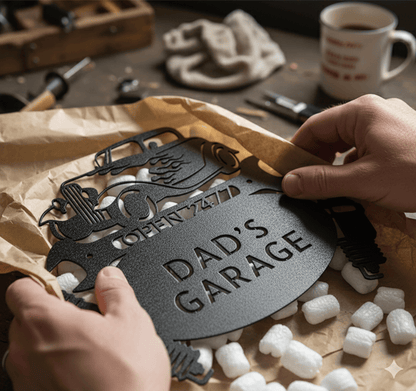 Custom Dad’s Garage Metal Sign – Personalized Hot Rod Car Wall Art