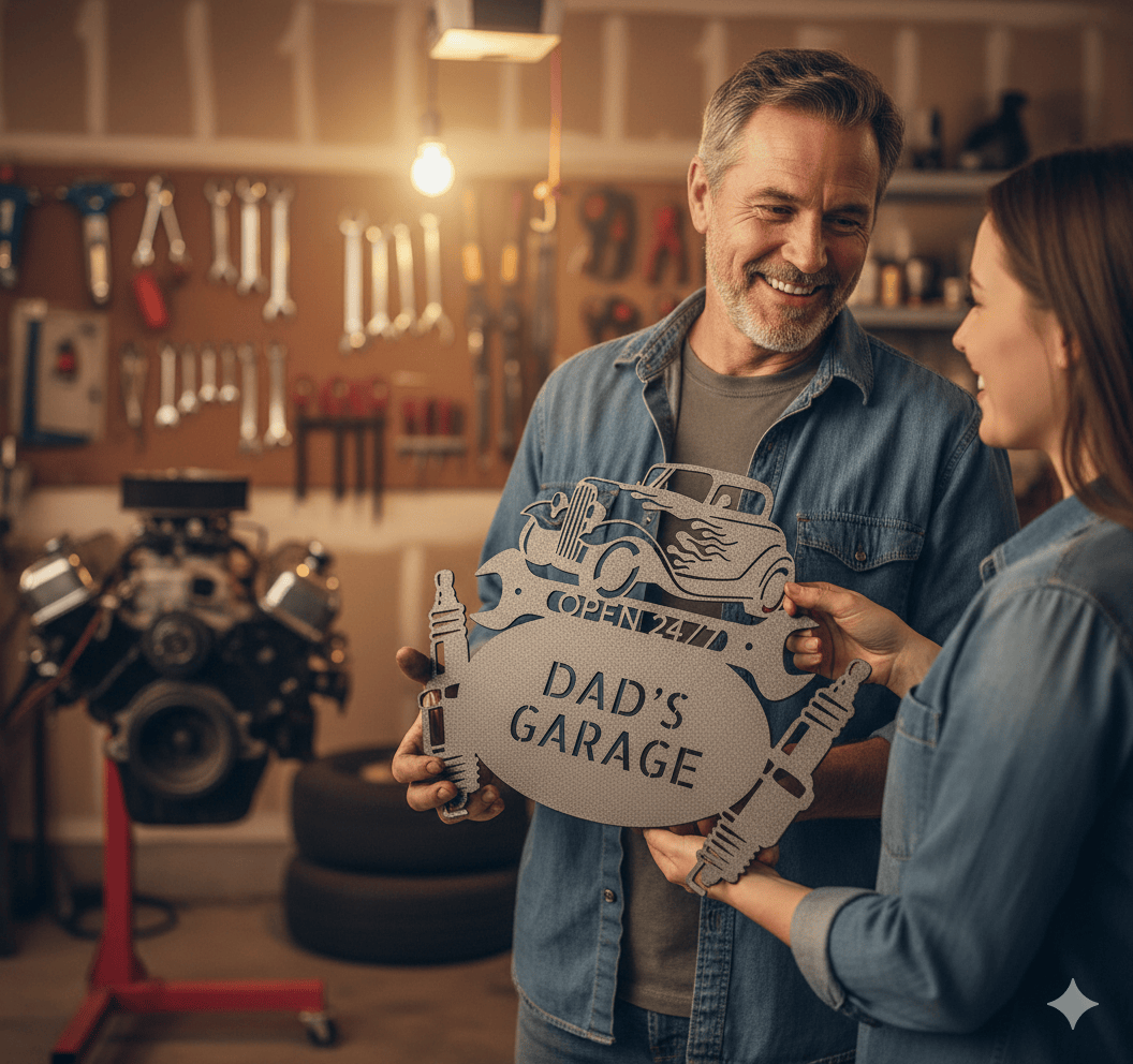 Custom Dad’s Garage Metal Sign – Personalized Hot Rod Car Wall Art