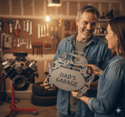 Custom Dad’s Garage Metal Sign – Personalized Hot Rod Car Wall Art