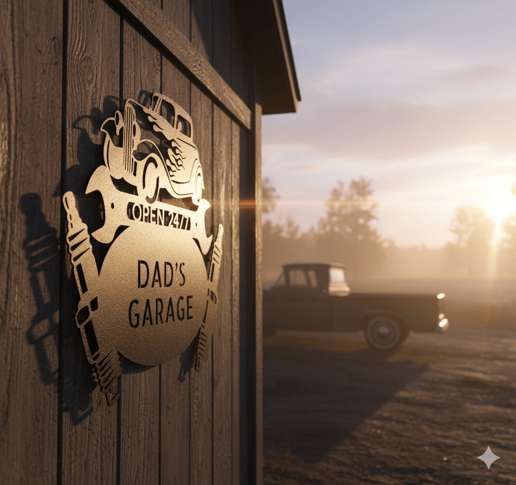 Custom Dad’s Garage Metal Sign – Personalized Hot Rod Car Wall Art