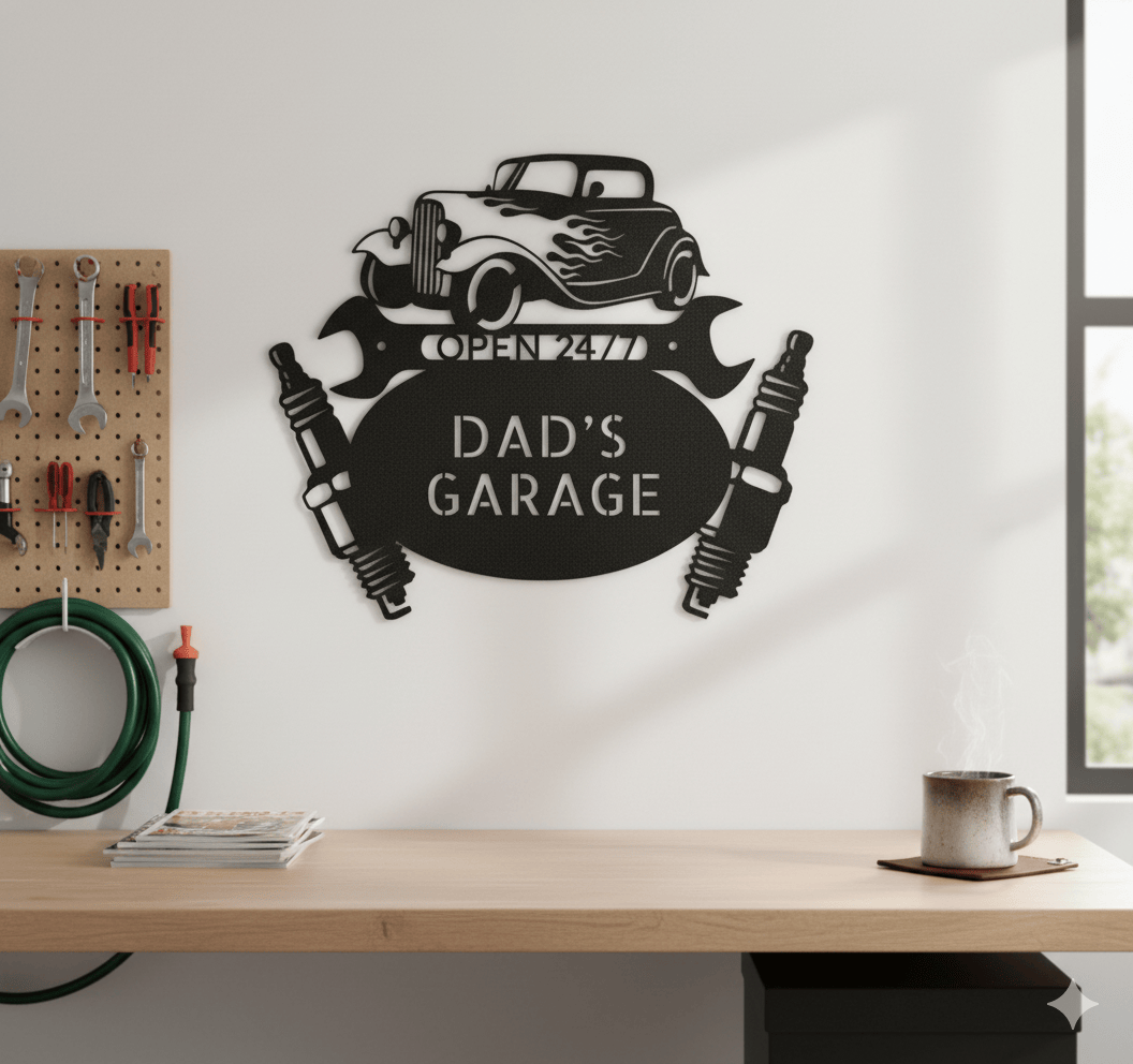 Custom Dad’s Garage Metal Sign – Personalized Hot Rod Car Wall Art