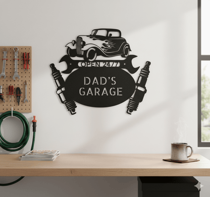 Custom Dad’s Garage Metal Sign – Personalized Hot Rod Car Wall Art