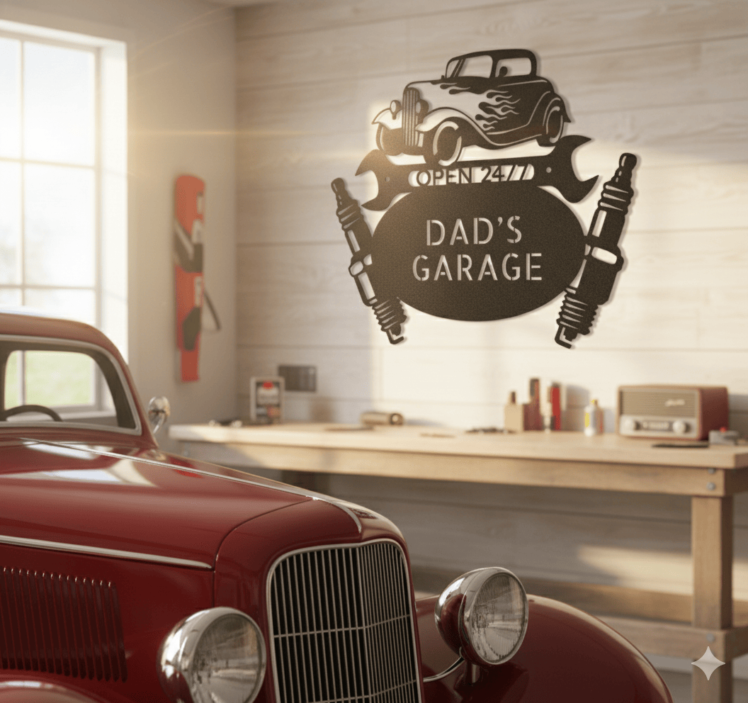 Custom Dad’s Garage Metal Sign – Personalized Hot Rod Car Wall Art