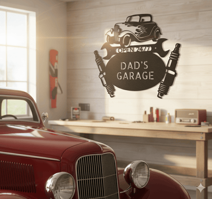 Custom Dad’s Garage Metal Sign – Personalized Hot Rod Car Wall Art