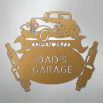 Custom Dad’s Garage Metal Sign – Personalized Hot Rod Car Wall Art