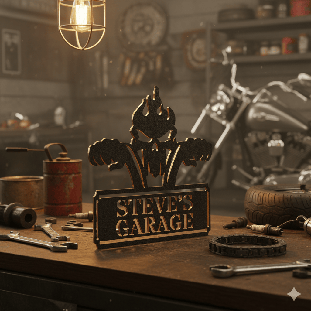 Custom Personalized Garage Metal Sign – Skull & Pistons Wall Art for Mechanics