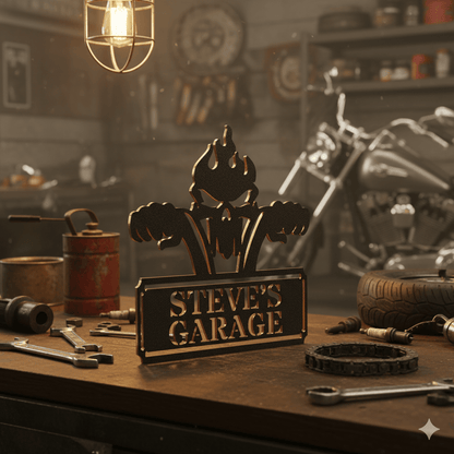 Custom Personalized Garage Metal Sign – Skull & Pistons Wall Art for Mechanics