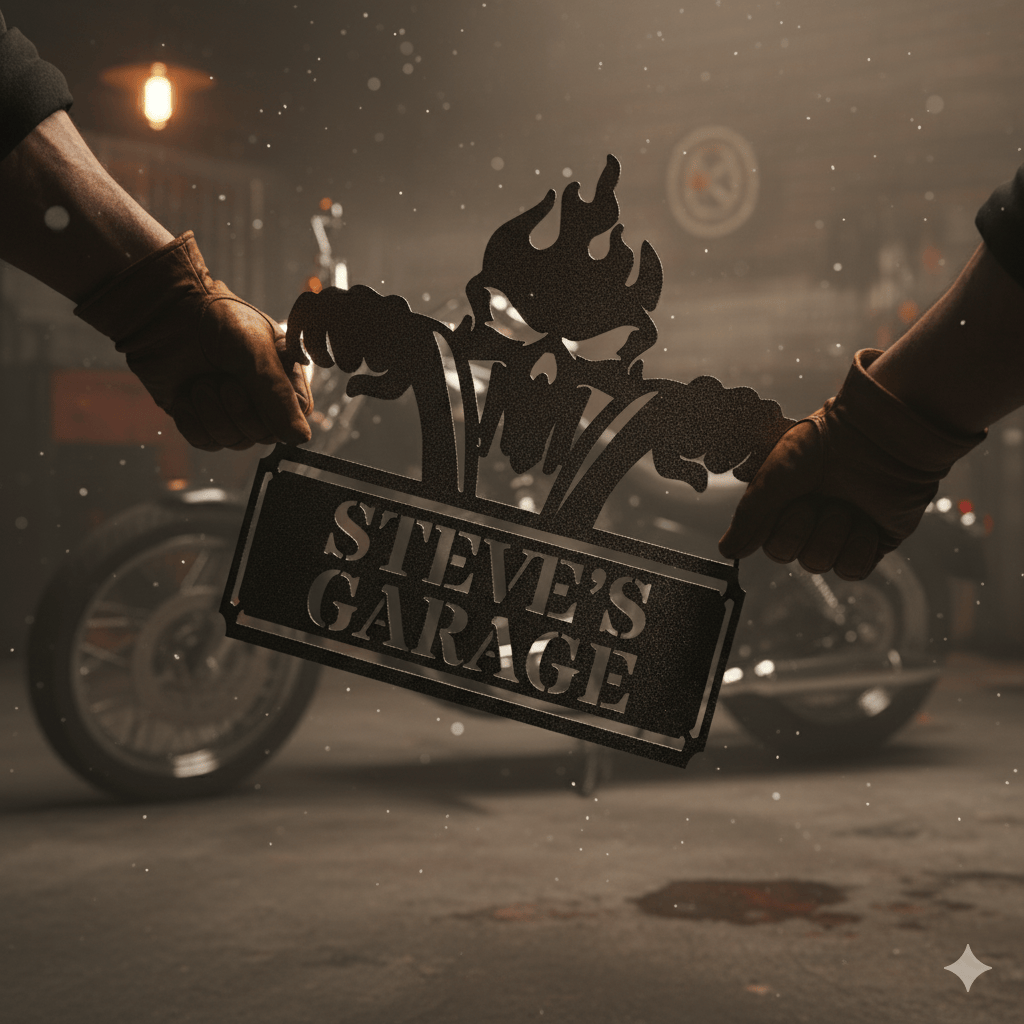 Custom Personalized Garage Metal Sign – Skull & Pistons Wall Art for Mechanics