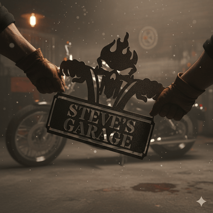Custom Personalized Garage Metal Sign – Skull & Pistons Wall Art for Mechanics