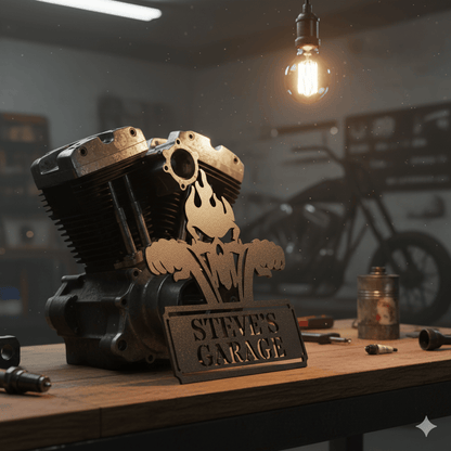 Custom Personalized Garage Metal Sign – Skull & Pistons Wall Art for Mechanics