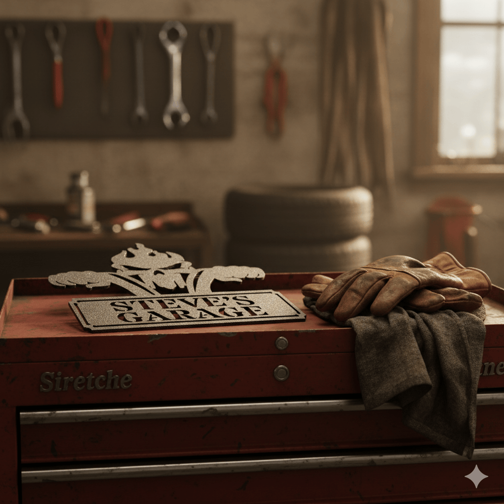 Custom Personalized Garage Metal Sign – Skull & Pistons Wall Art for Mechanics