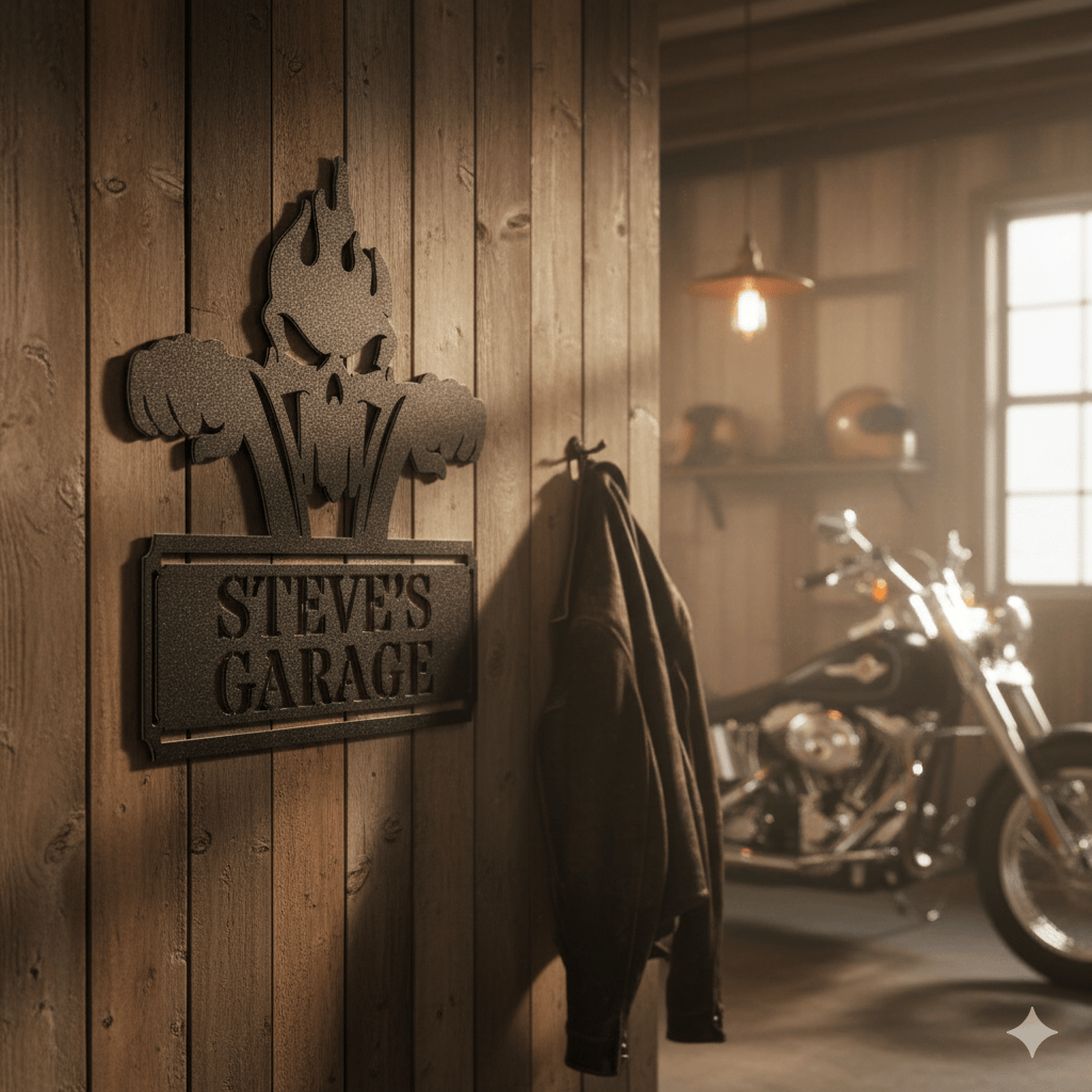 Custom Personalized Garage Metal Sign – Skull & Pistons Wall Art for Mechanics